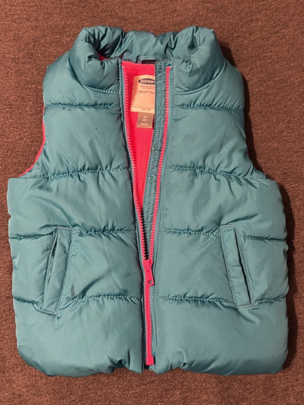 Old Navy Teal Puffer Vest Full Zip Pink Fleece Lined